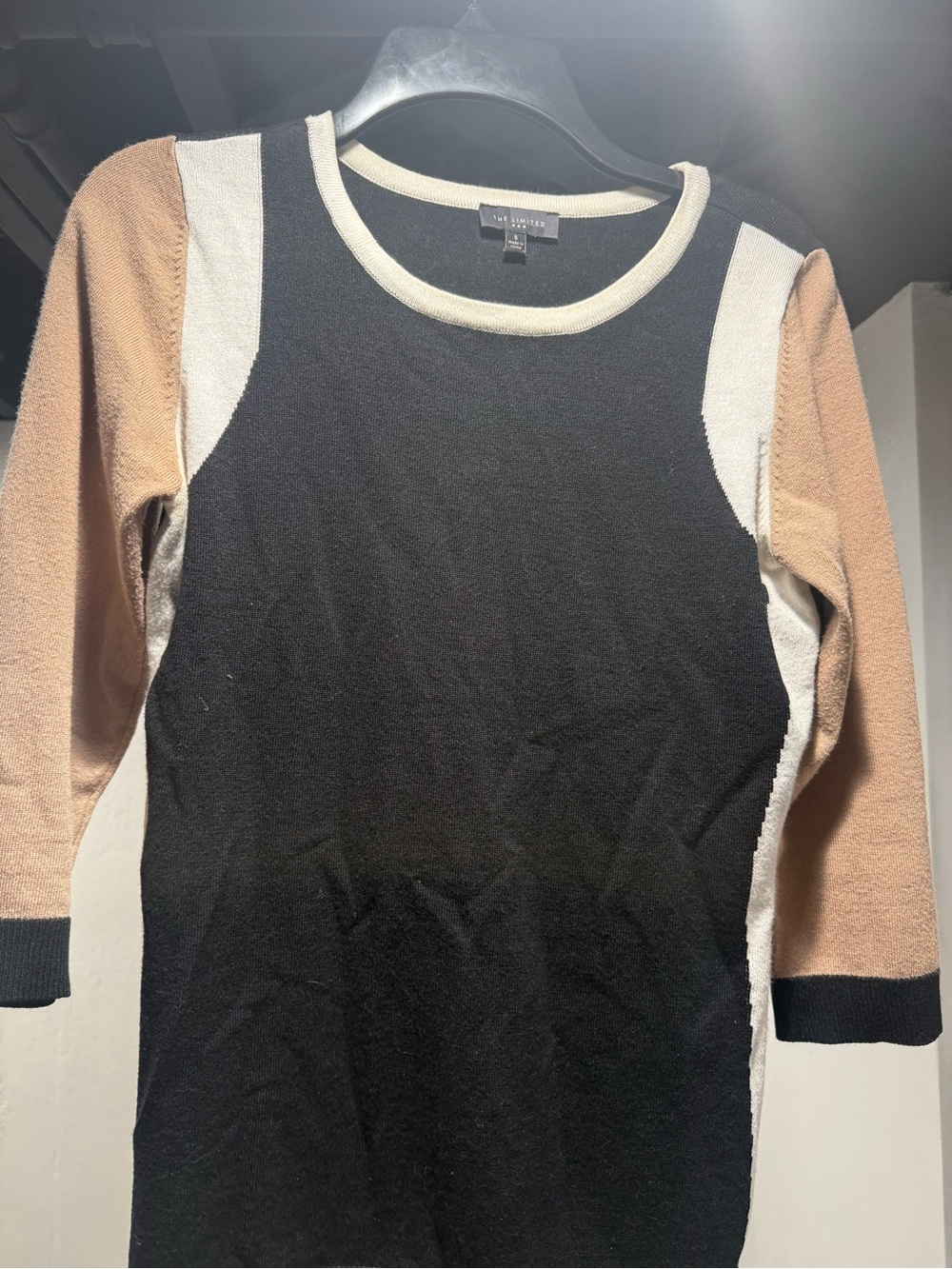 The Limited Colorblock Crew Neck Sweater Dress - Black, Cream, Tan